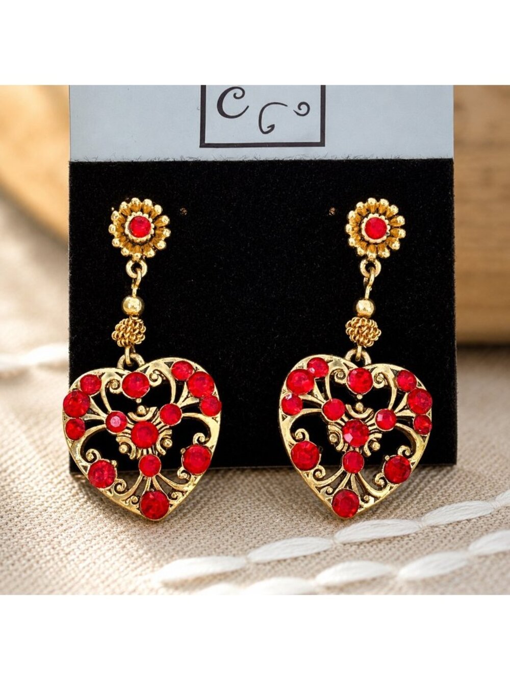 Gold Tone Womens Heart Drop Earrings With Red Crystals Pierced  Sequin
